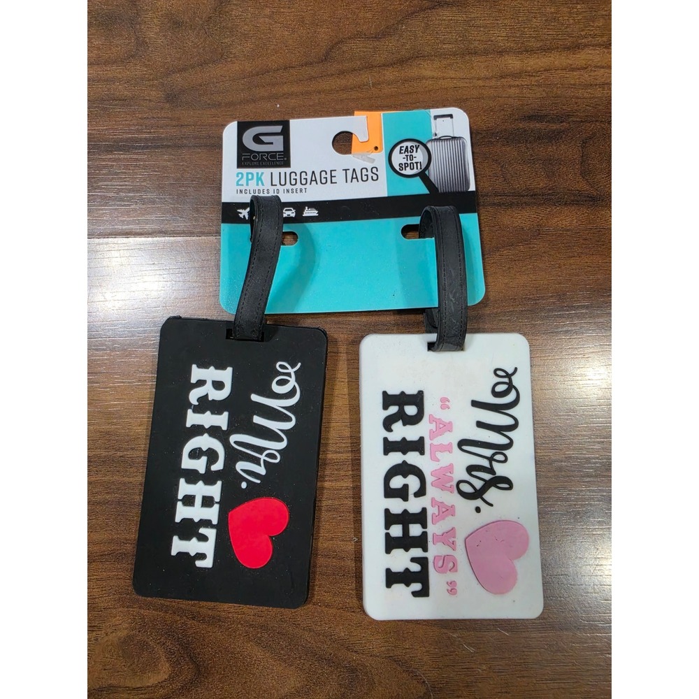 NWT G Force Luggage Tags OS Black White Mr Right Mrs Always Right 2PK